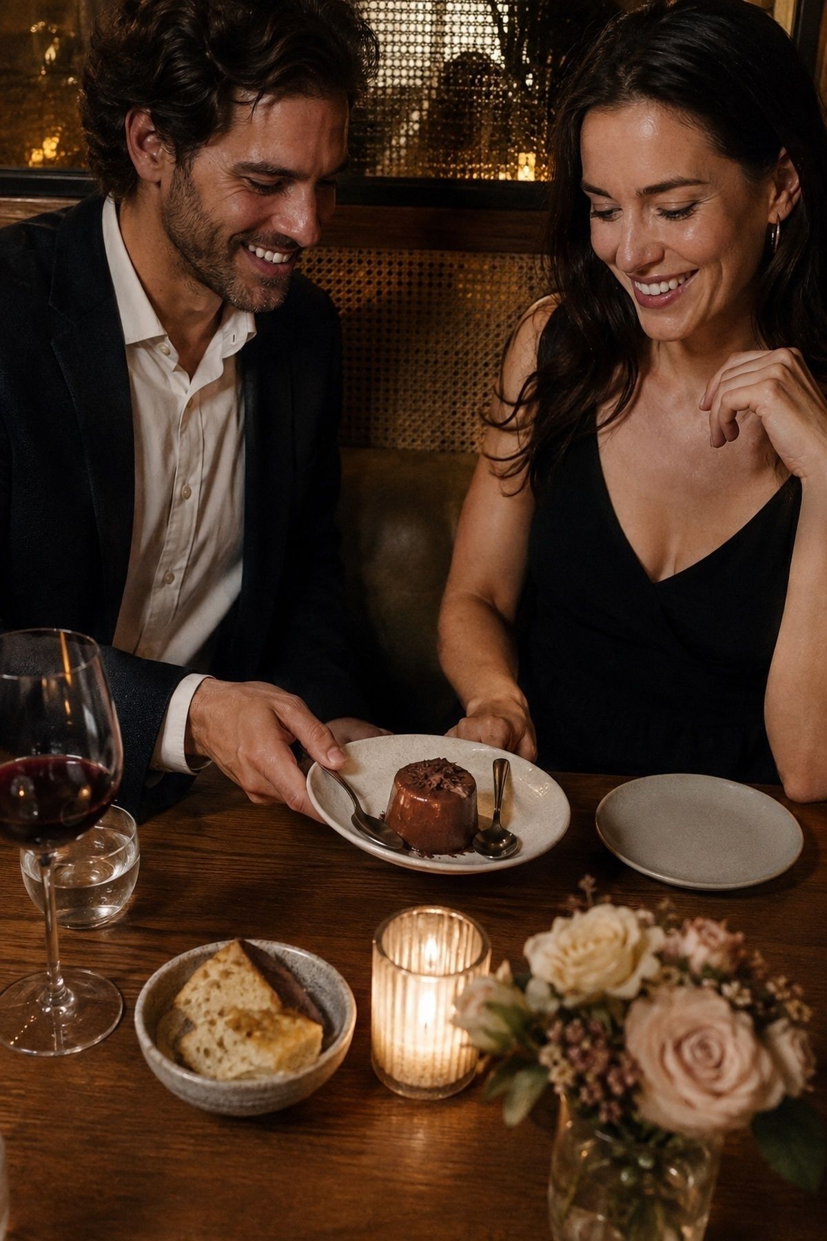 Dinner date engagement couple sharing a small dessert plate with two spoons