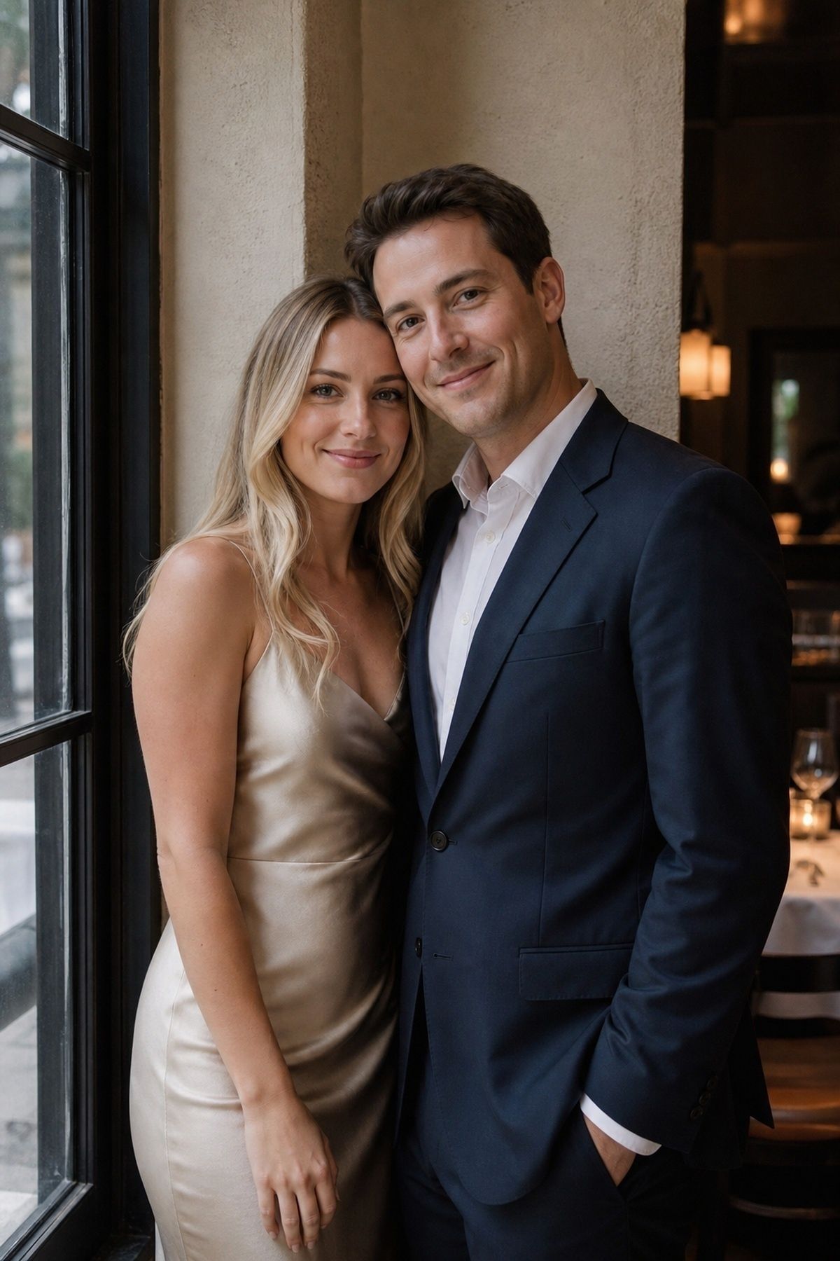 Clean dinner date engagement portrait by a restaurant window