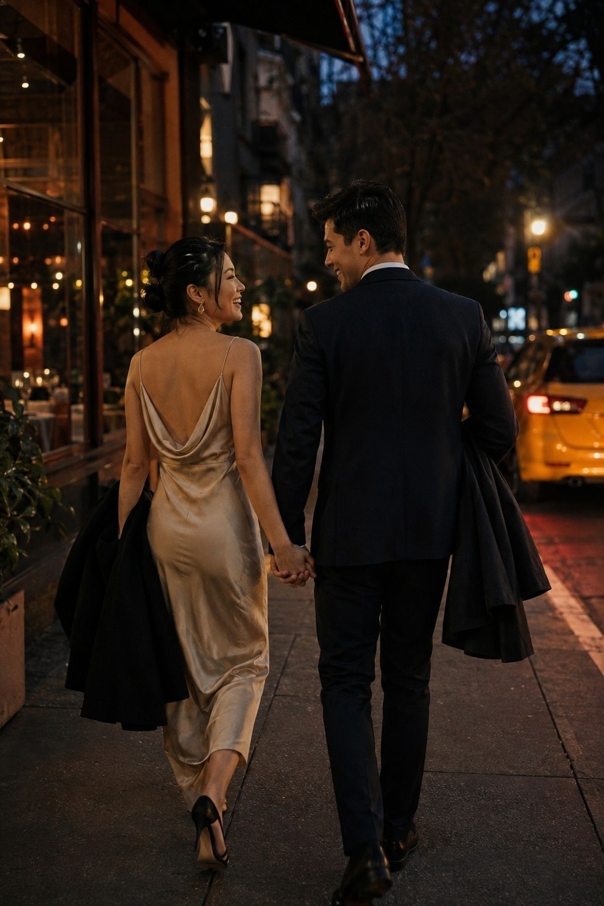 Dinner date engagement couple walking from the restaurant toward a cab after dinner