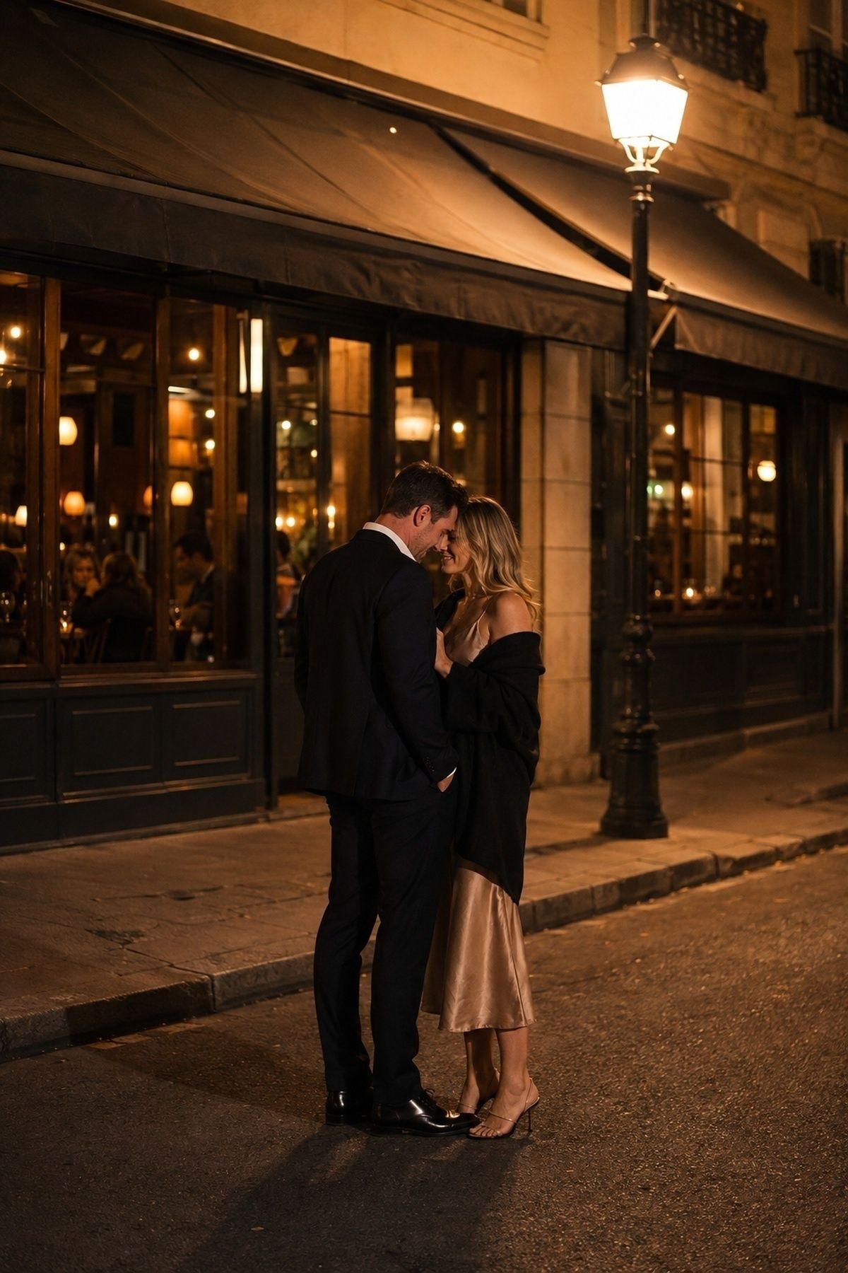Dinner date engagement streetlight goodbye under a restaurant awning after dinner