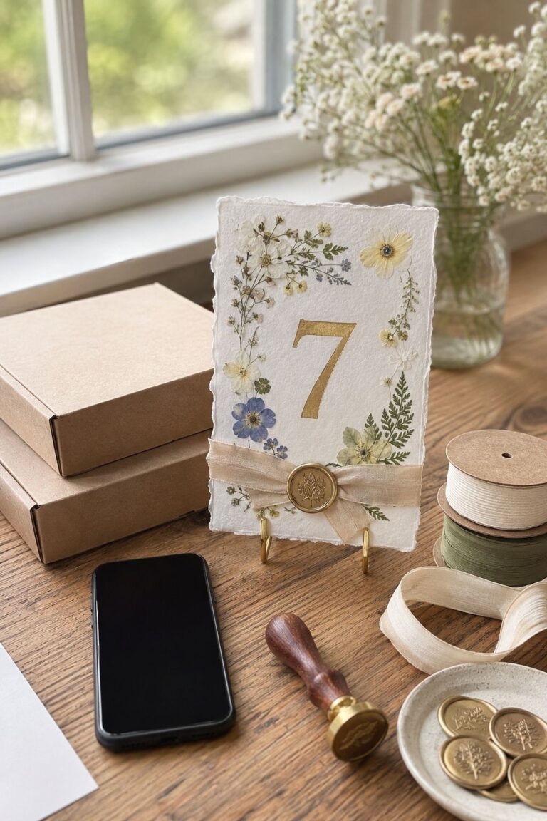 Finished pressed-flower wedding table-number sample beside unopened bulk craft supplies and ribbon