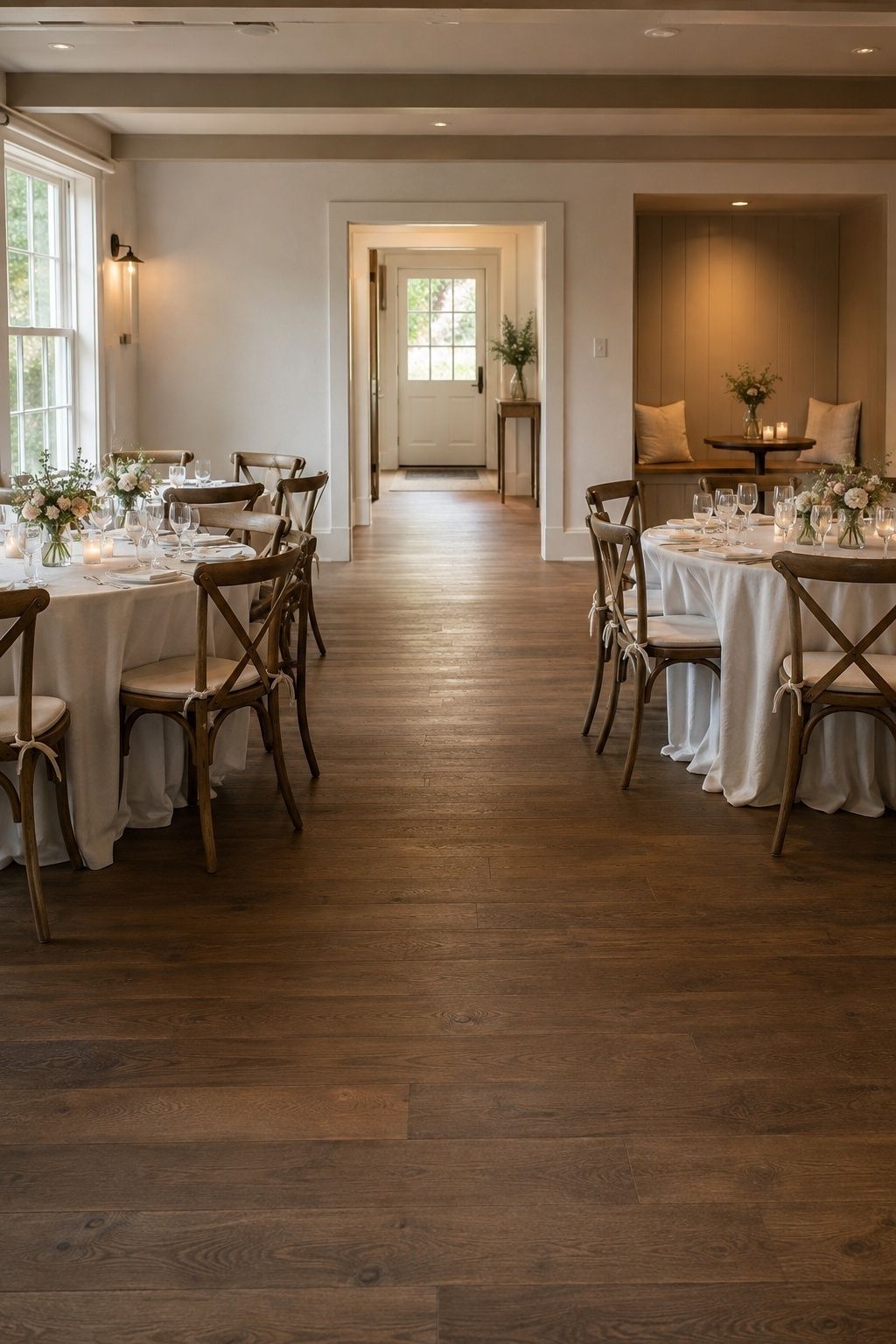 Intimate wedding reception with low florals, generous chair spacing, and a clear unobstructed aisle to the doorway