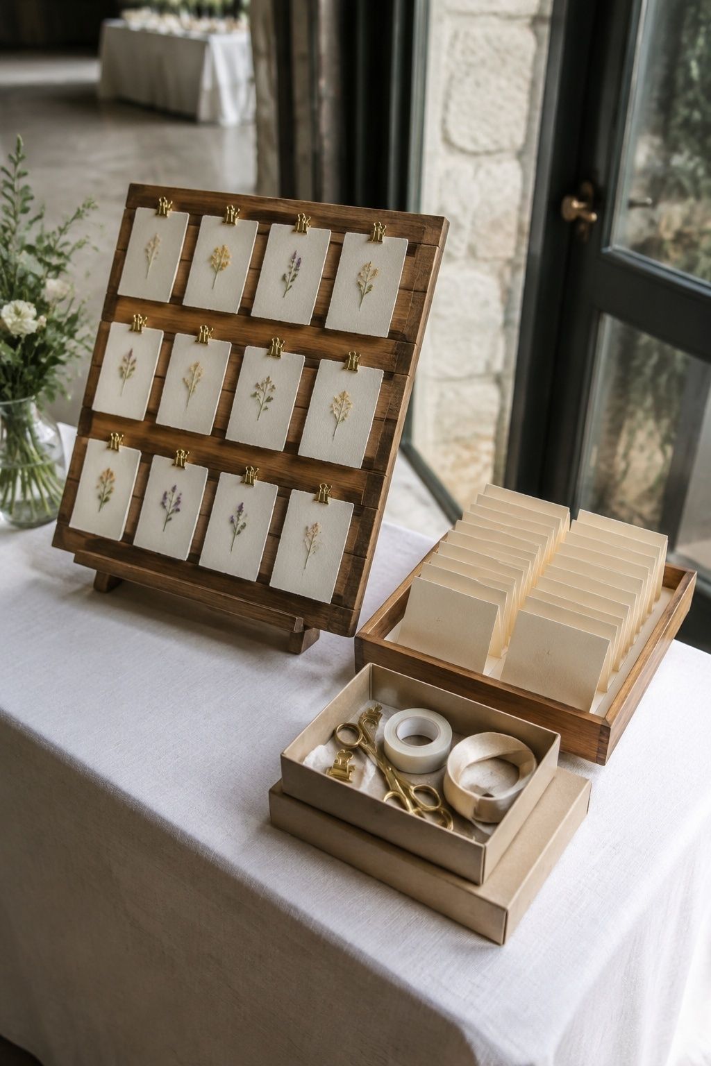 Pressed-flower wedding escort display beside plain backup place cards and a compact repair kit