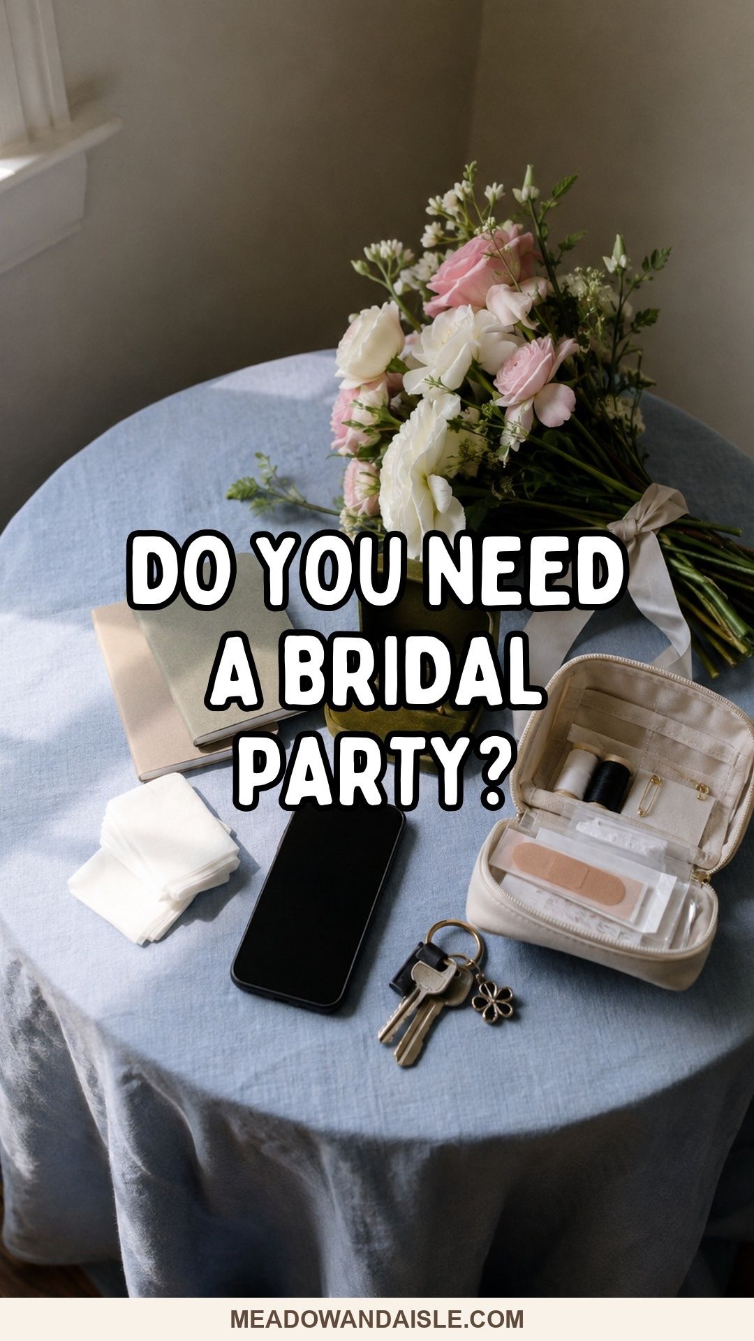 Do you need a bridal party? Wedding-day essentials with bold white title and Meadow and Aisle branding