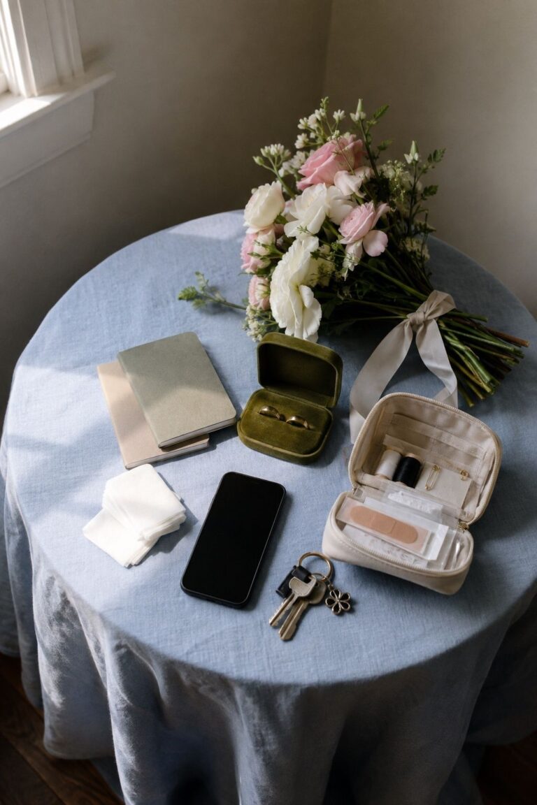 Wedding rings, vow books, tissues, phone, keys and emergency kit beside a bridal bouquet