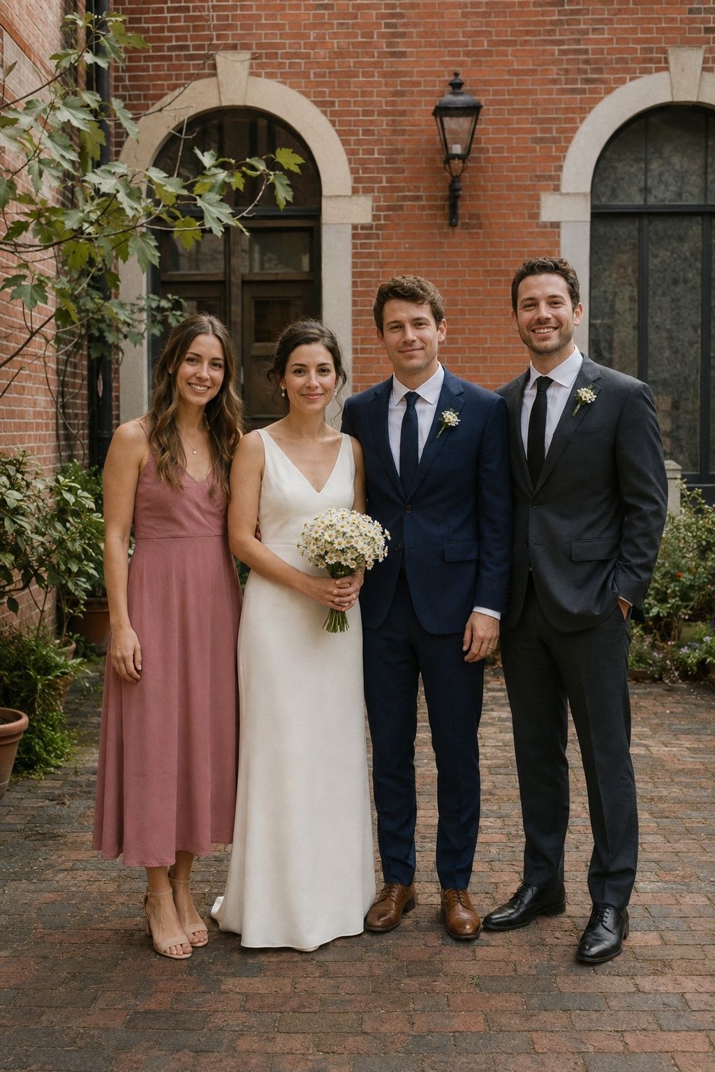 Bride and groom with only a maid of honor and best man in a brick courtyard