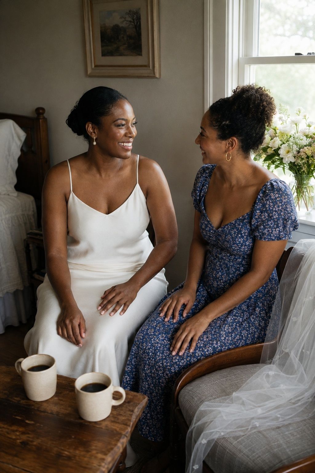 Bride and friend sharing coffee before the ceremony in an intimate getting-ready room