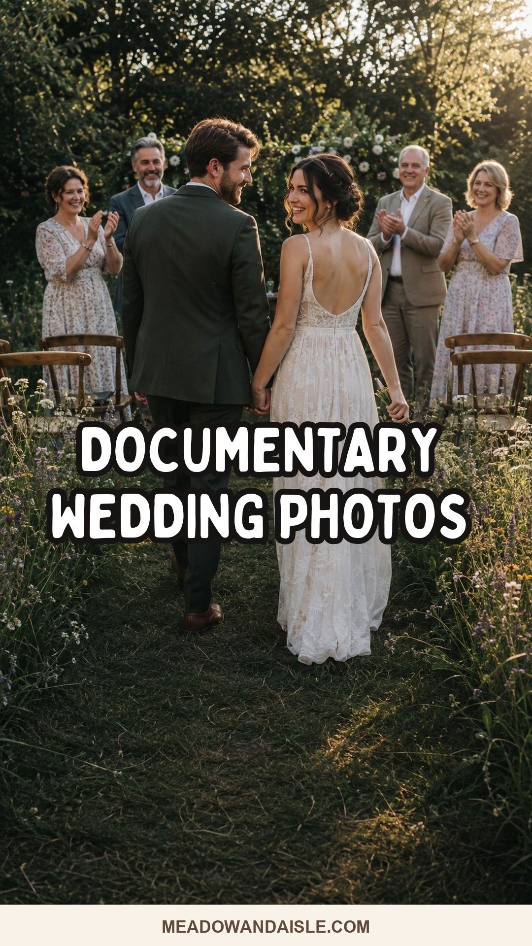 Documentary wedding photos ideas Pinterest pin with newlyweds leaving a small garden ceremony