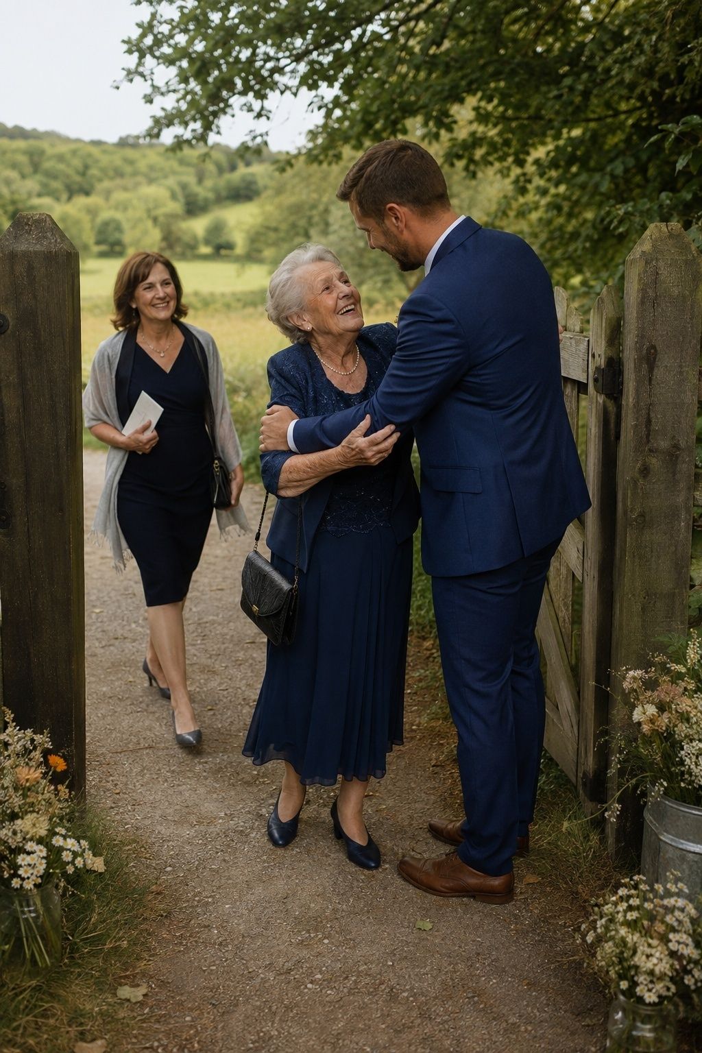 Grandmother receiving a warm welcome as guests arrive at a small garden wedding
