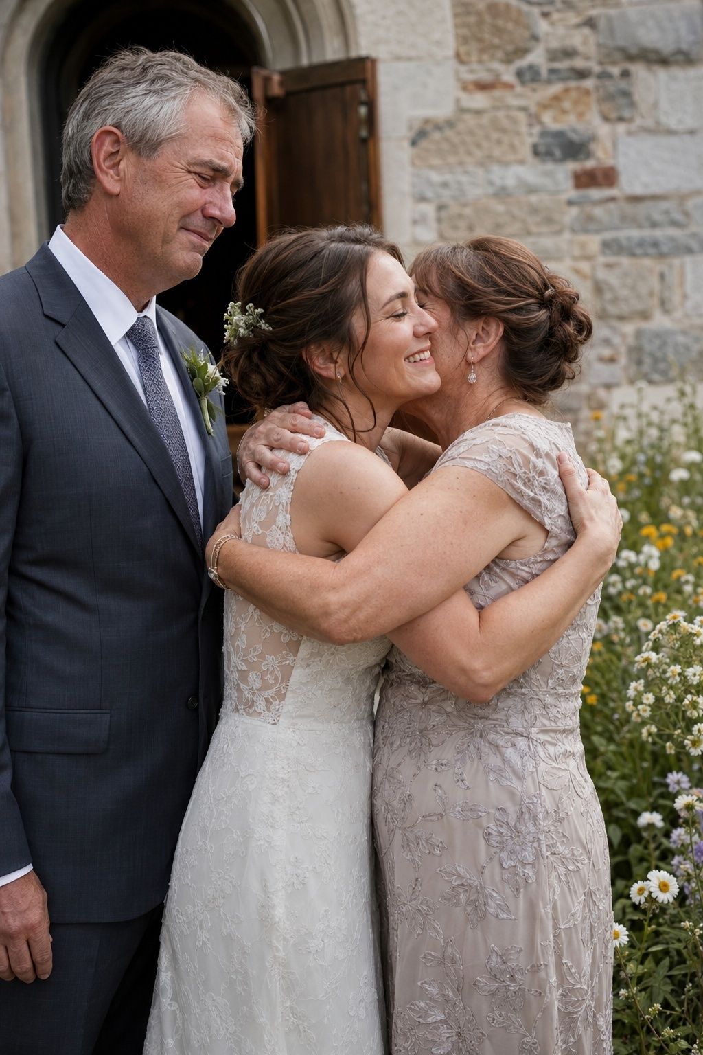 Bride hugging her mother beside an emotional father immediately after the ceremony
