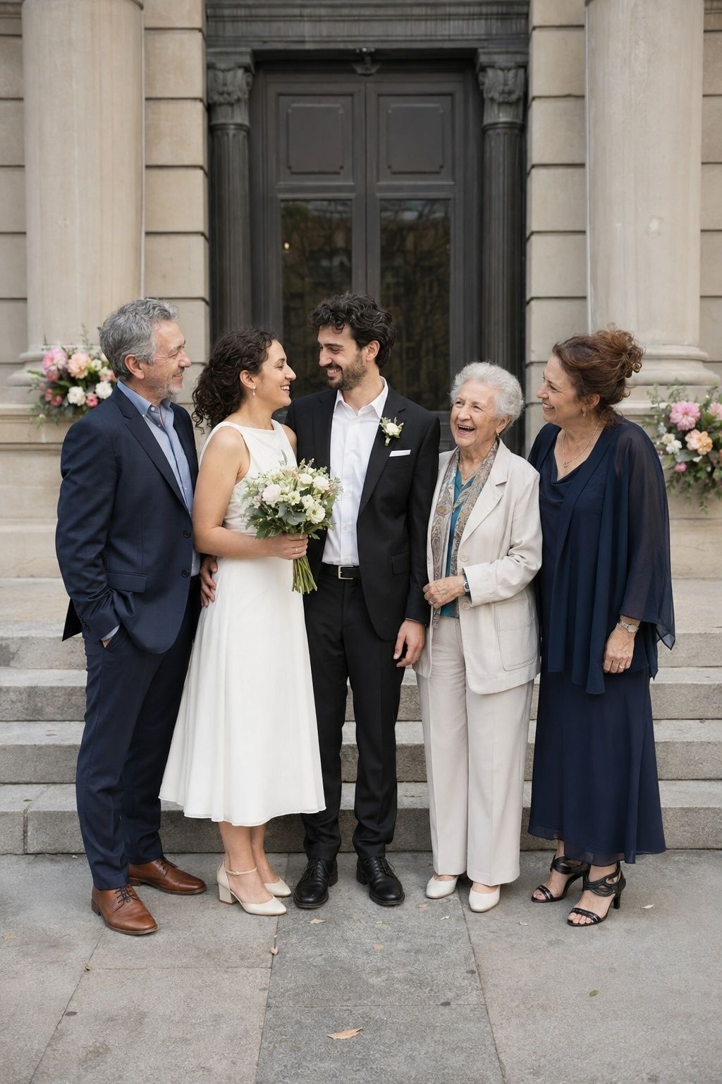 Relaxed five-person family wedding portrait photographed quickly outside city hall