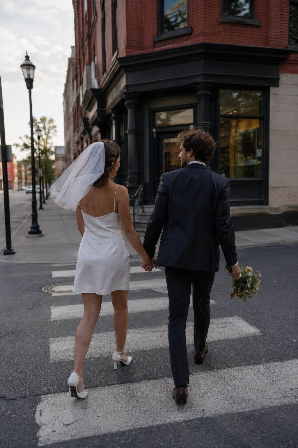 Newlyweds walking hand in hand across a city street between courthouse and restaurant