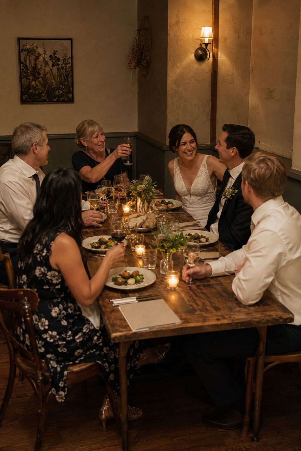 Small wedding dinner photographed like a warm family gathering during a toast
