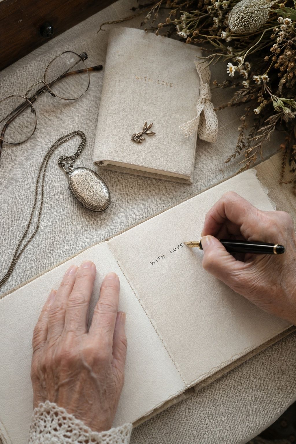 Older hands writing With Love in a linen wedding guest book beside family keepsakes