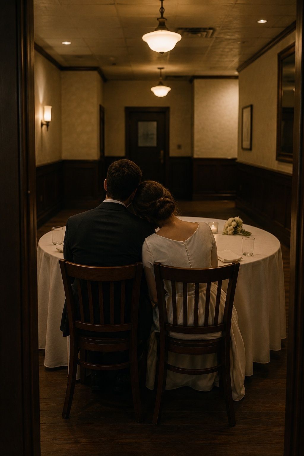 Newlyweds sitting together in the quiet reception room after their guests have left