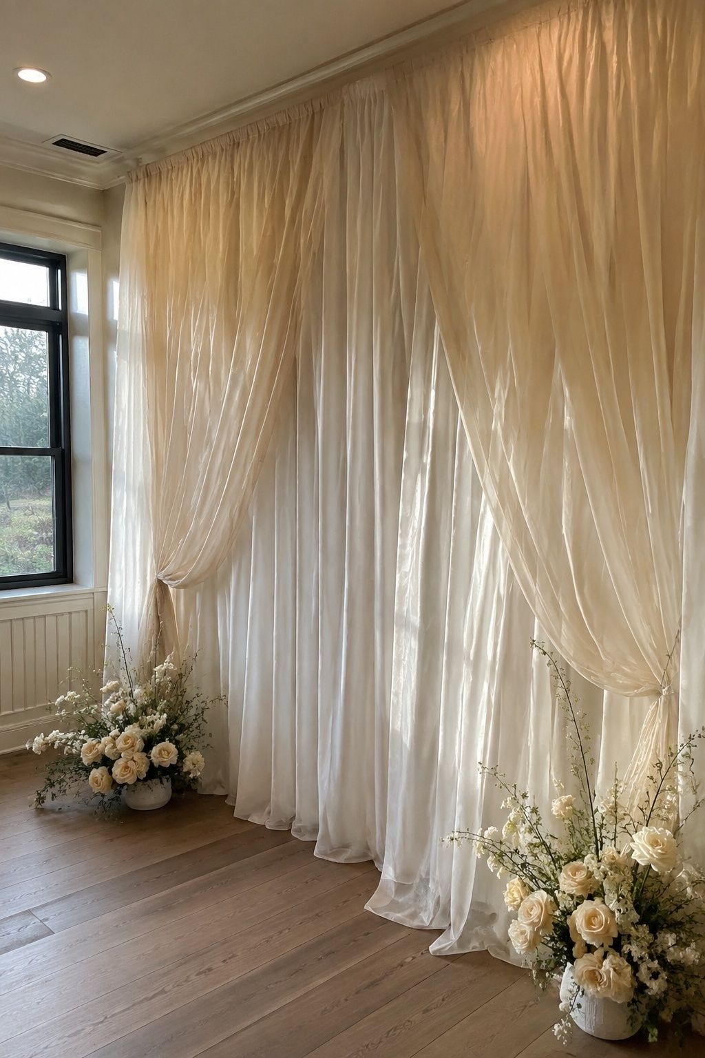 Layered sheer and opaque fabric ceremony backdrop