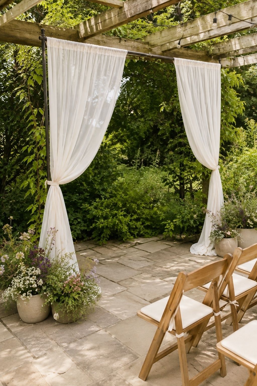 Chiffon backdrop at a garden or patio wedding