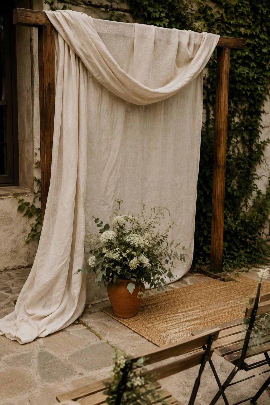 Linen drapery at a natural small wedding