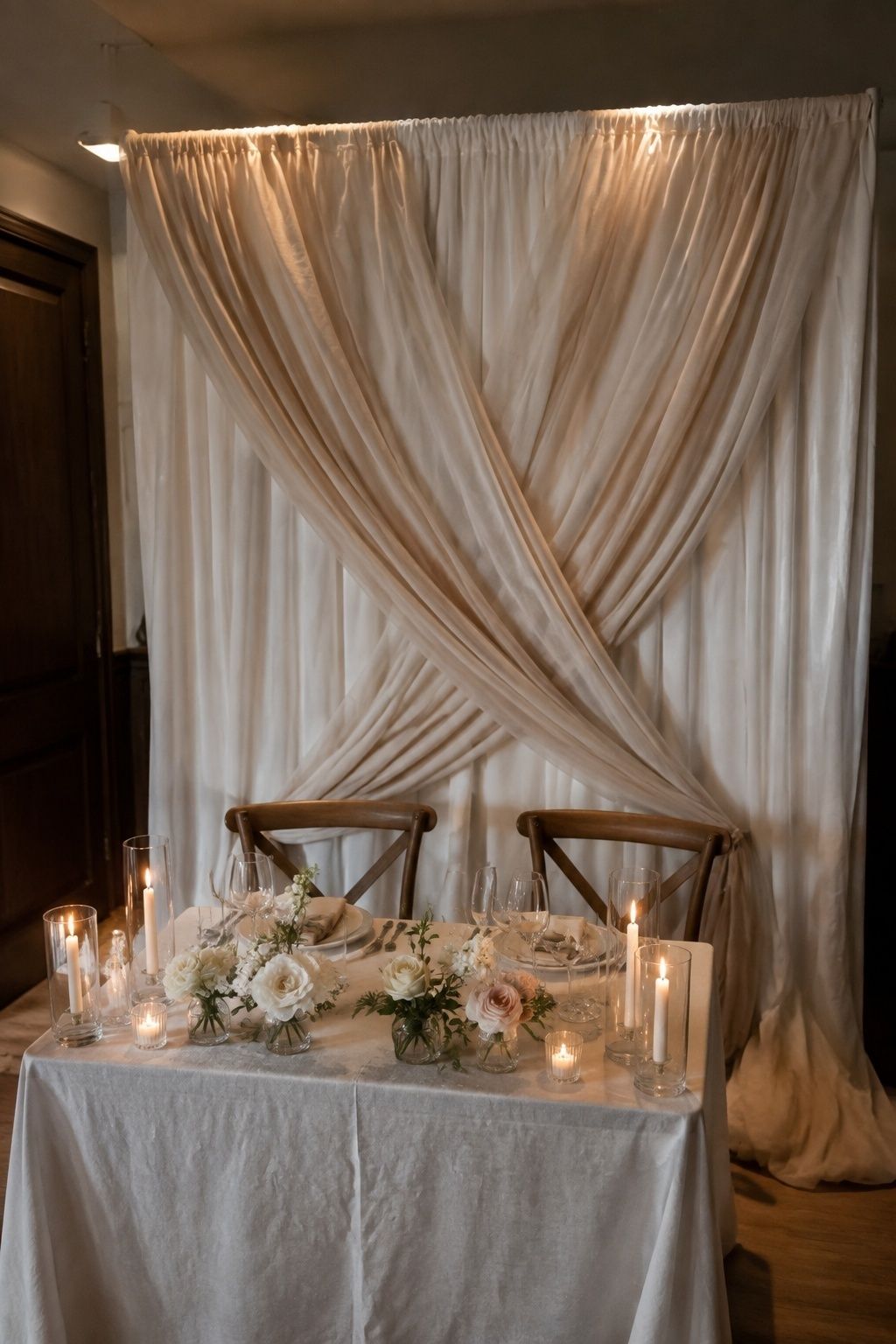 Drapery backdrop behind the sweetheart table