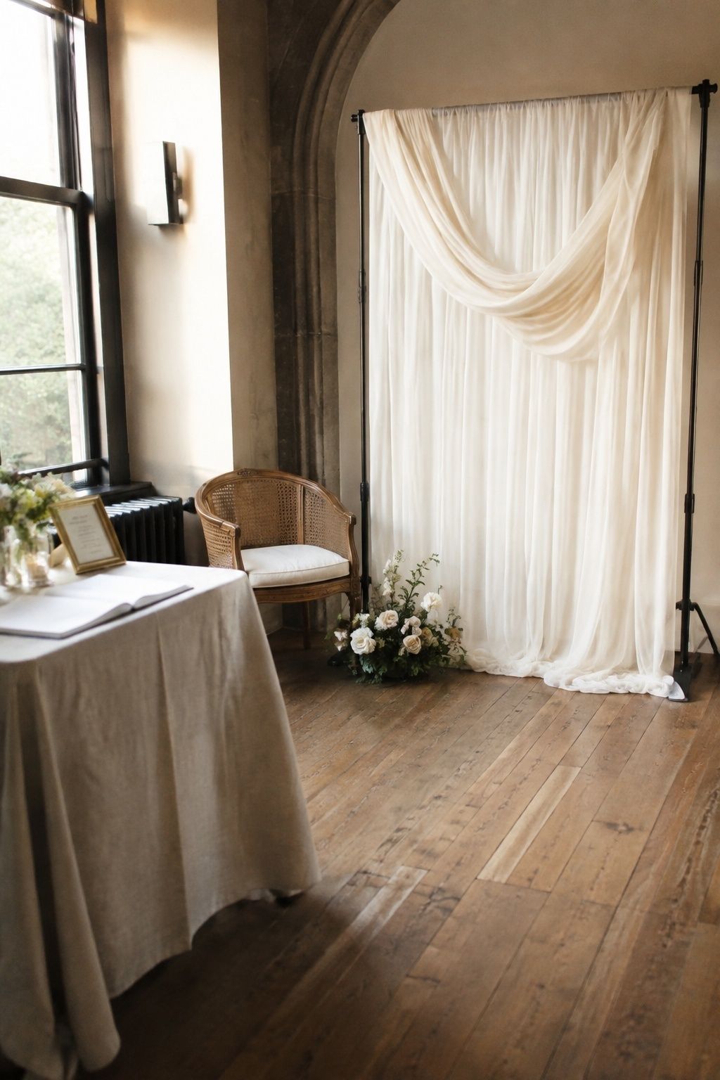 Draped photo corner for a small guest list
