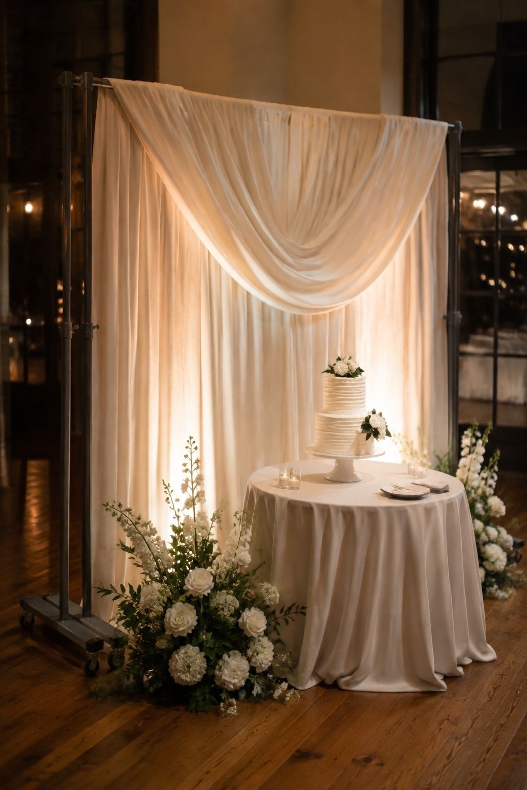 Ceremony backdrop moved behind the cake table