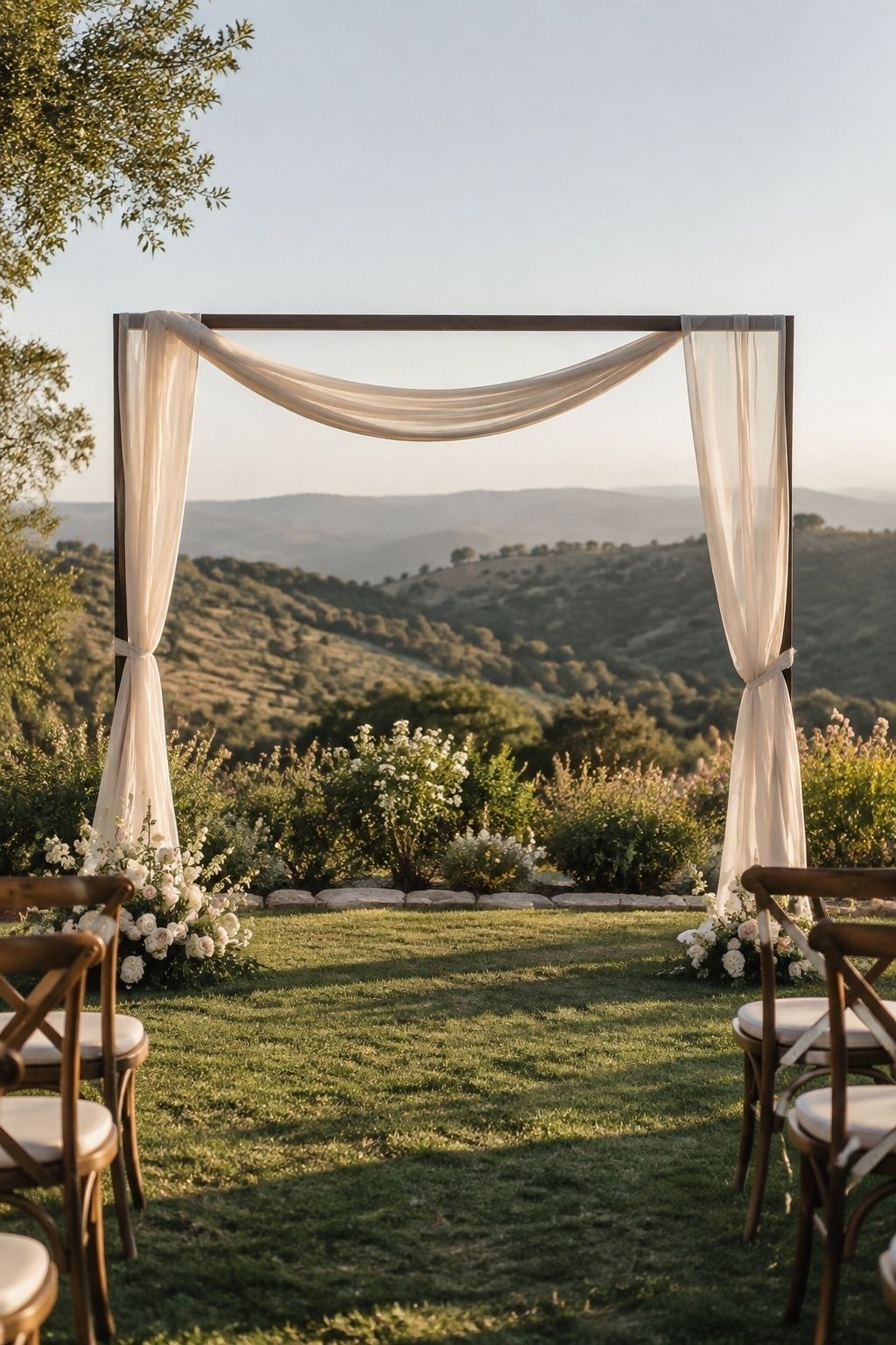 Minimal drapery framing a scenic view