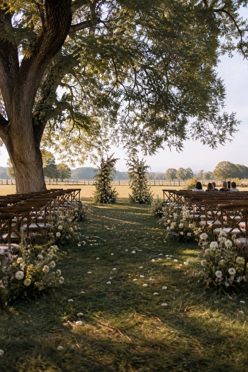 Wedding ceremony under old trees at a ranch