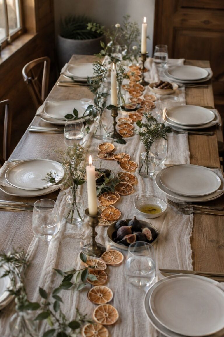 Layer A Citrus Garland Down Small Reception Tables with dried orange wedding garland