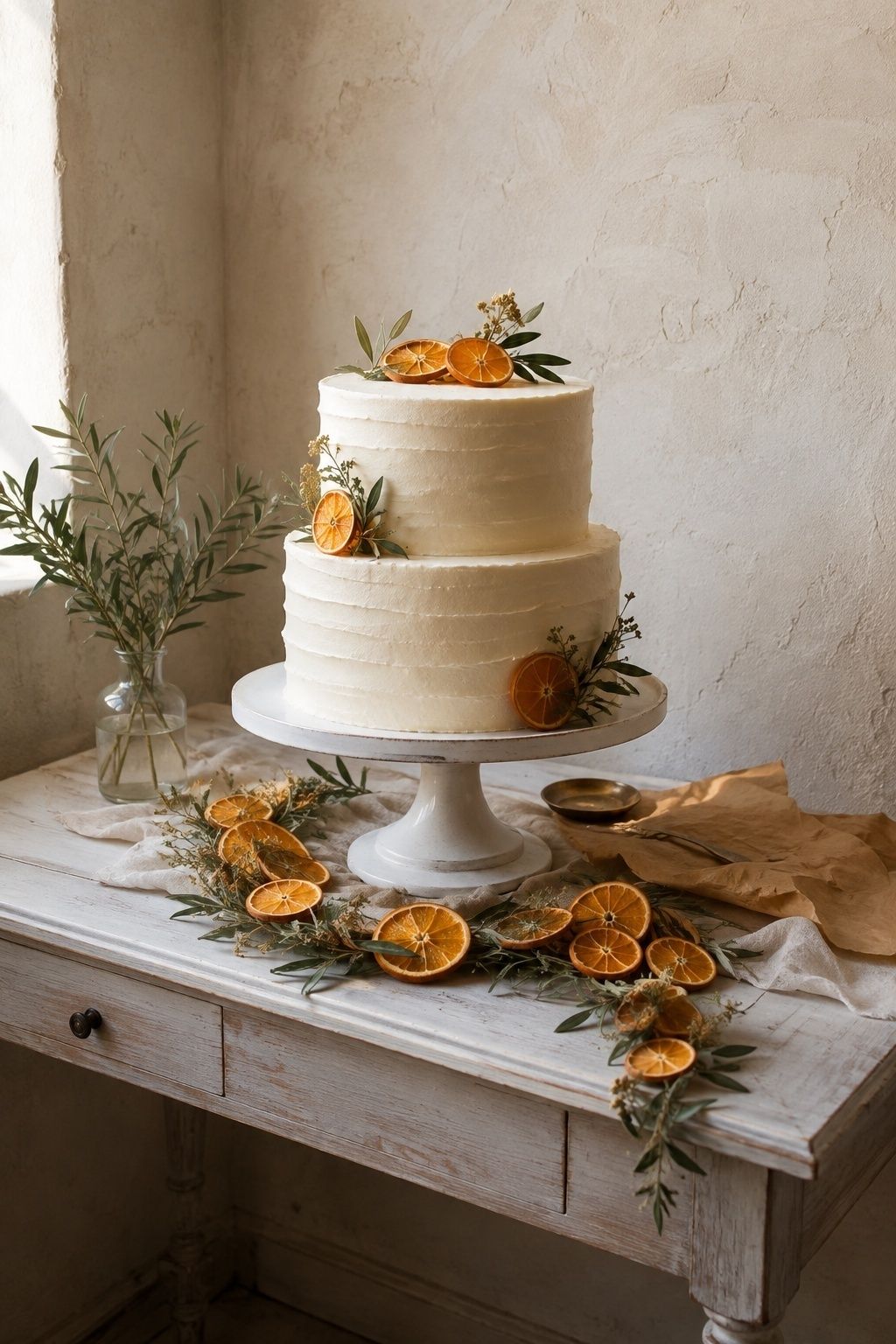 Dress The Cake Table Without Crowd Control Problems with dried orange wedding garland
