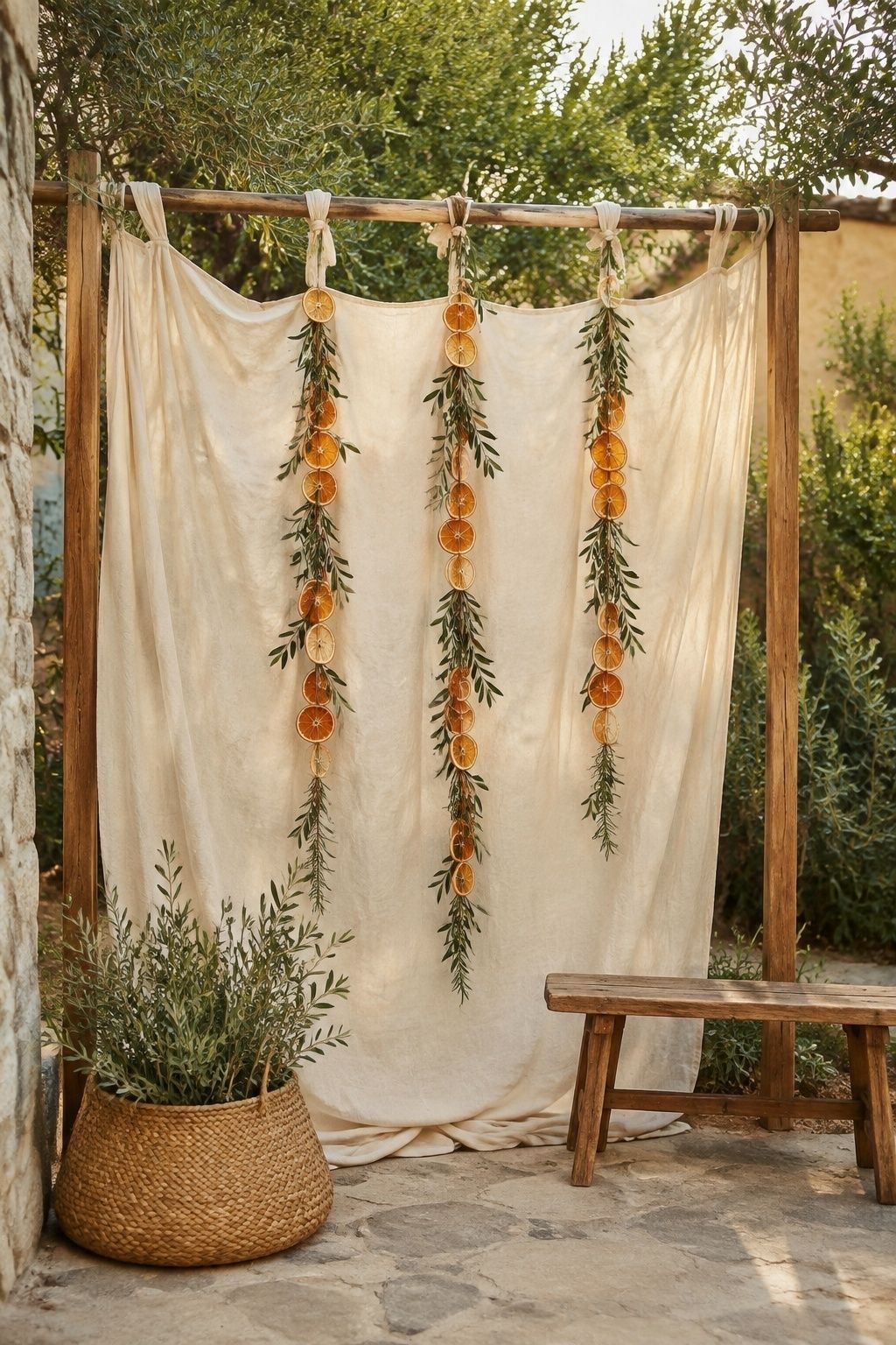 Create A Photo Corner With Citrus, Fabric, And Greenery with dried orange wedding garland