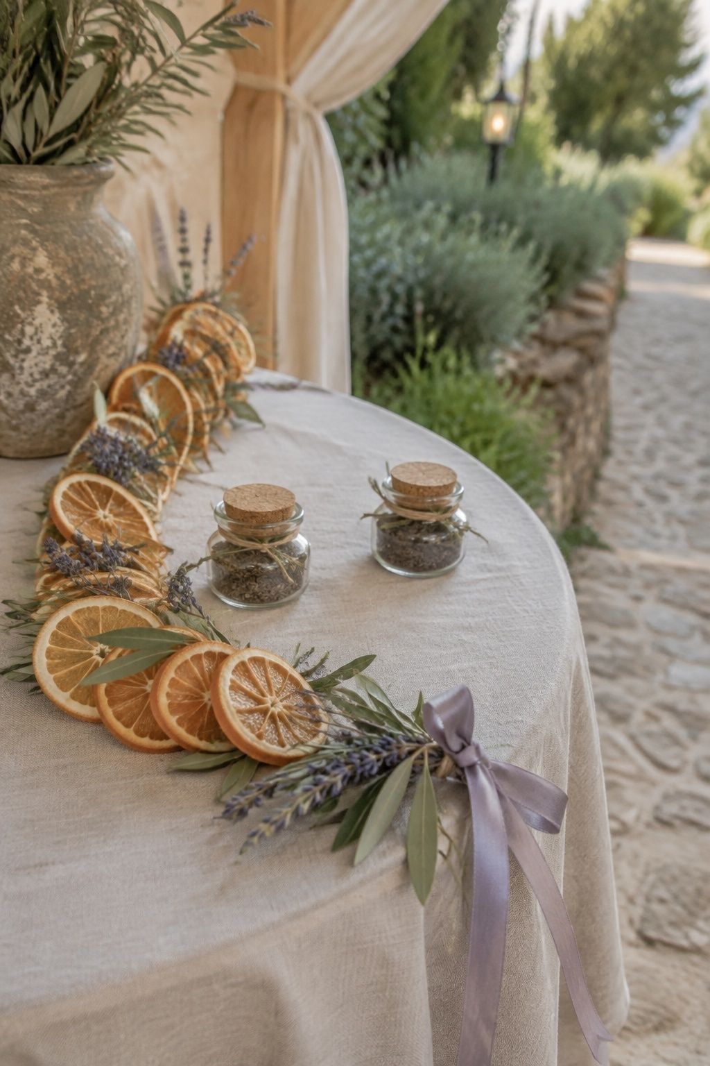 Mix Orange Garland With Lavender For A Softer Scent Story with dried orange wedding garland