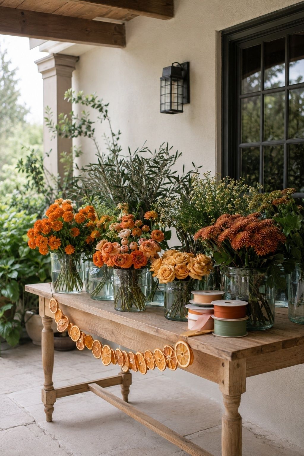 Make A Flower Bar Feel More Seasonal With Citrus with dried orange wedding garland