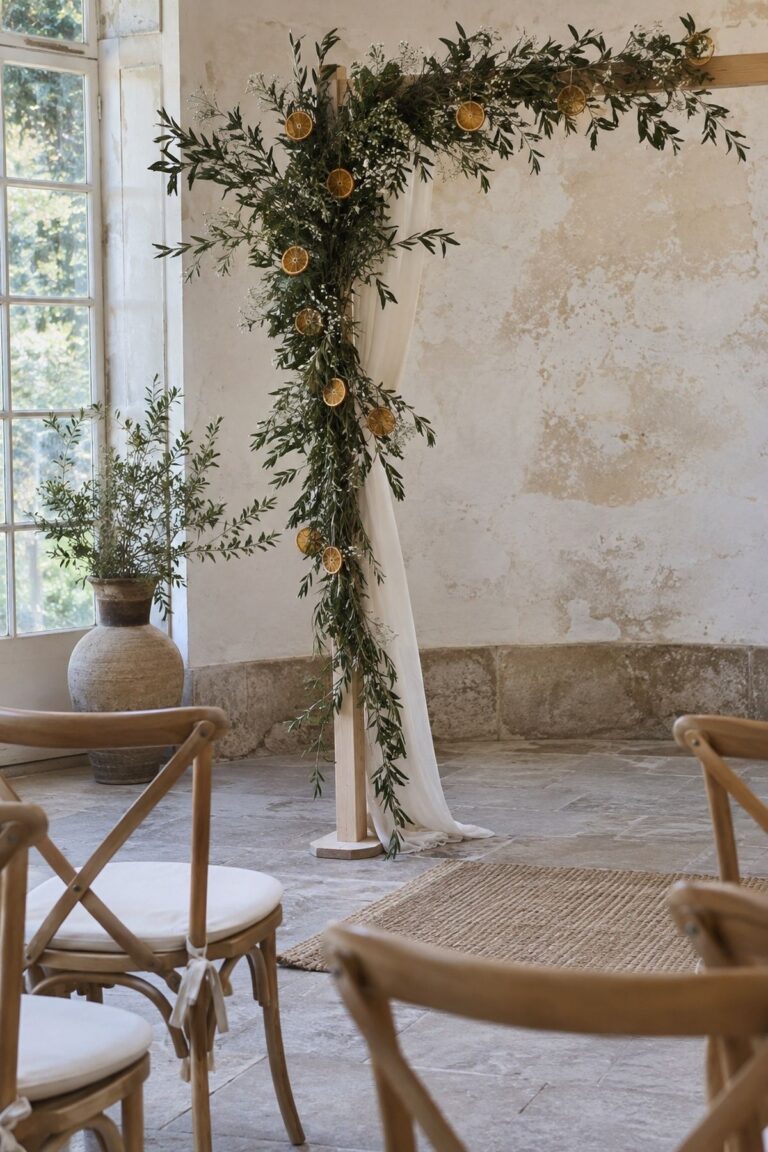 Ceremony Backdrop Garland With Greenery at an intimate dried orange garland wedding