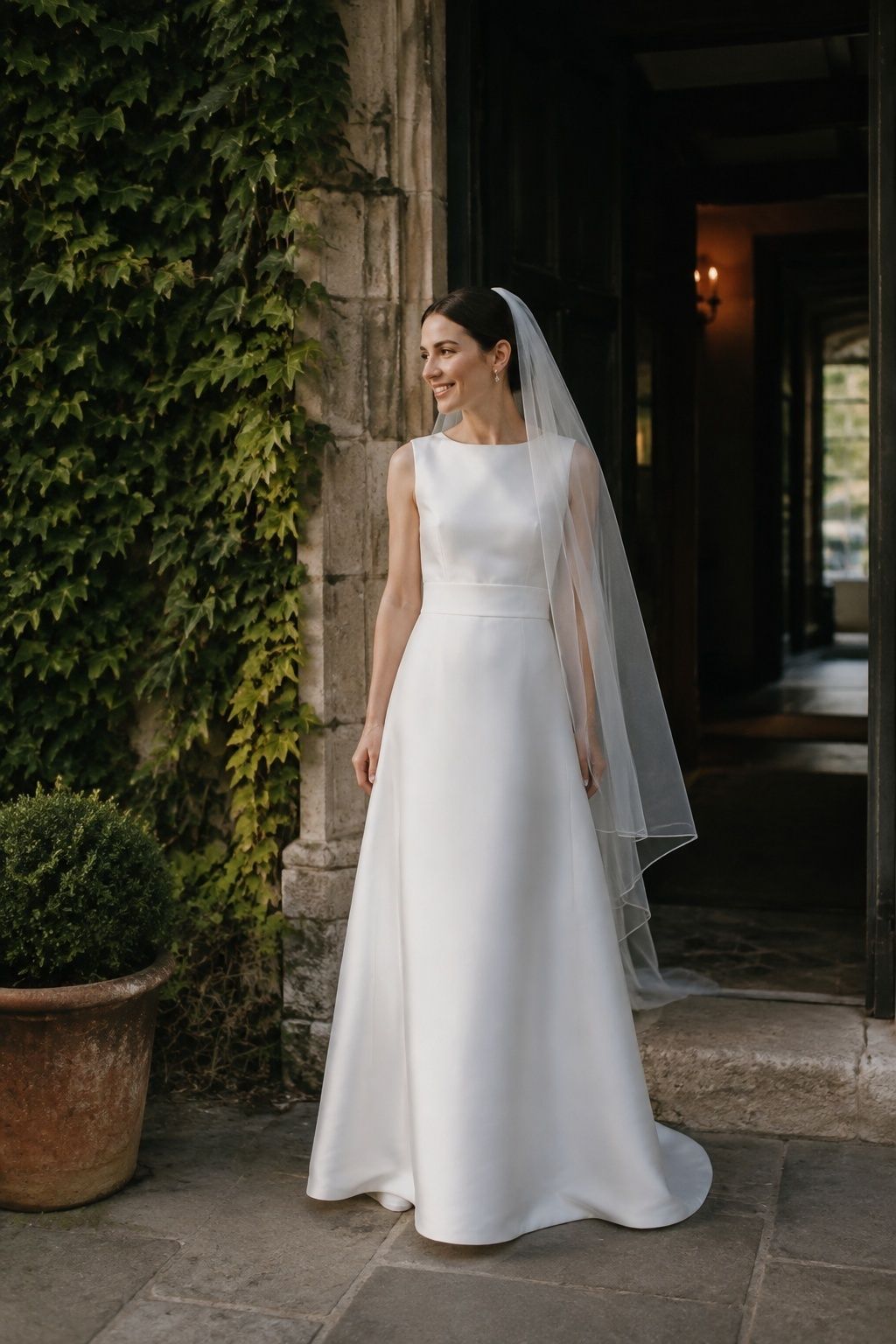 Full-length bride in garden doorway, plain A-line gown with gently widening skirt beneath simple sheer drop veil, realistic soft skirt and quiet crown