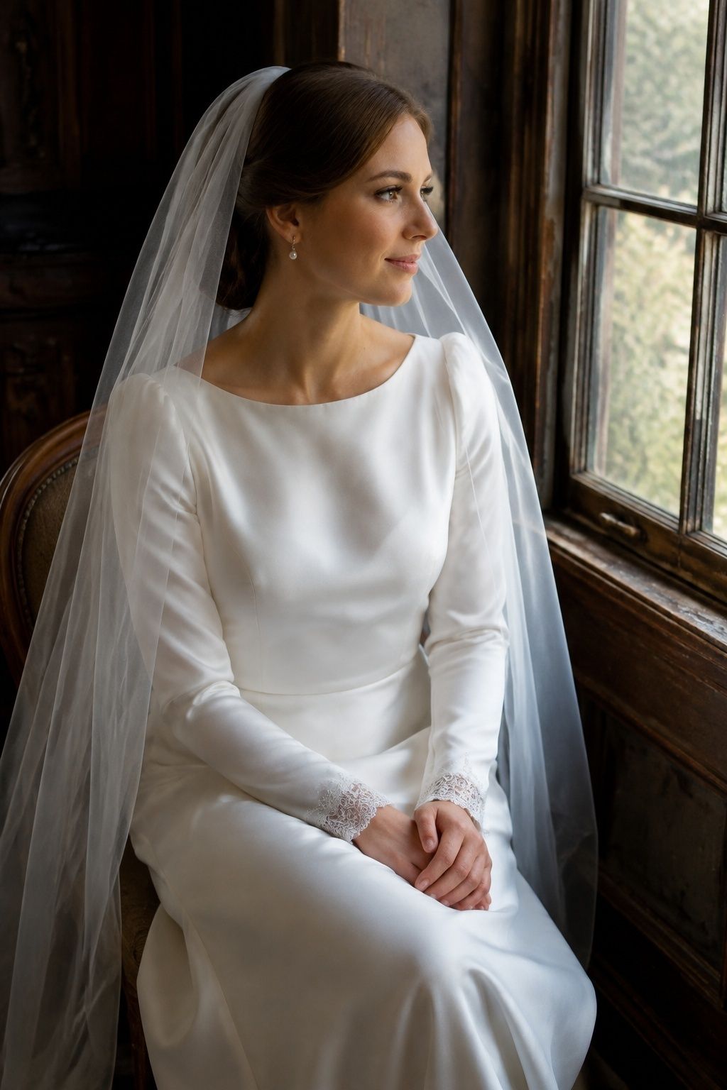 Seated three-quarter bride by old wooden window, vintage-inspired long-sleeve silk gown with narrow lace cuffs, circle drop veil flat on head, small pearl earrings