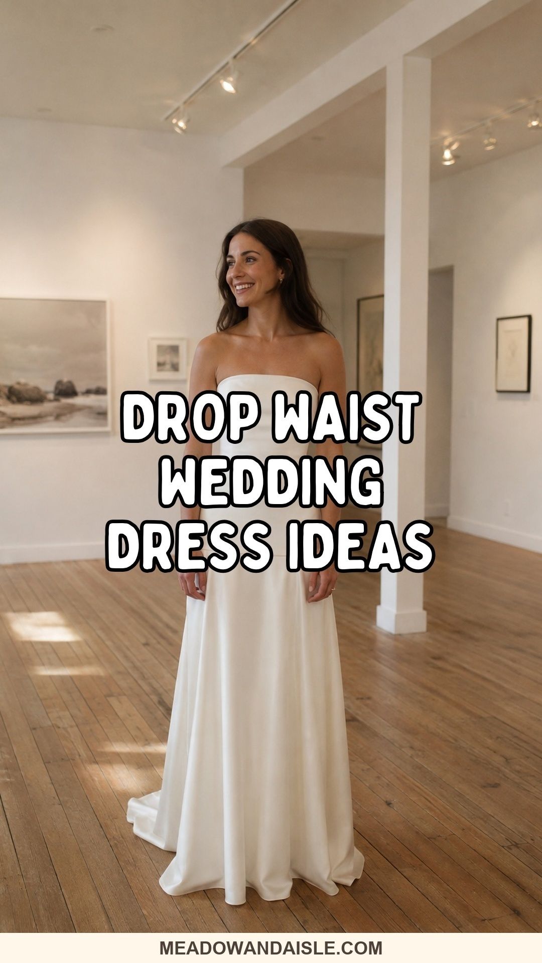 Drop waist wedding dress ideas Pinterest pin with an ivory satin bridal gown