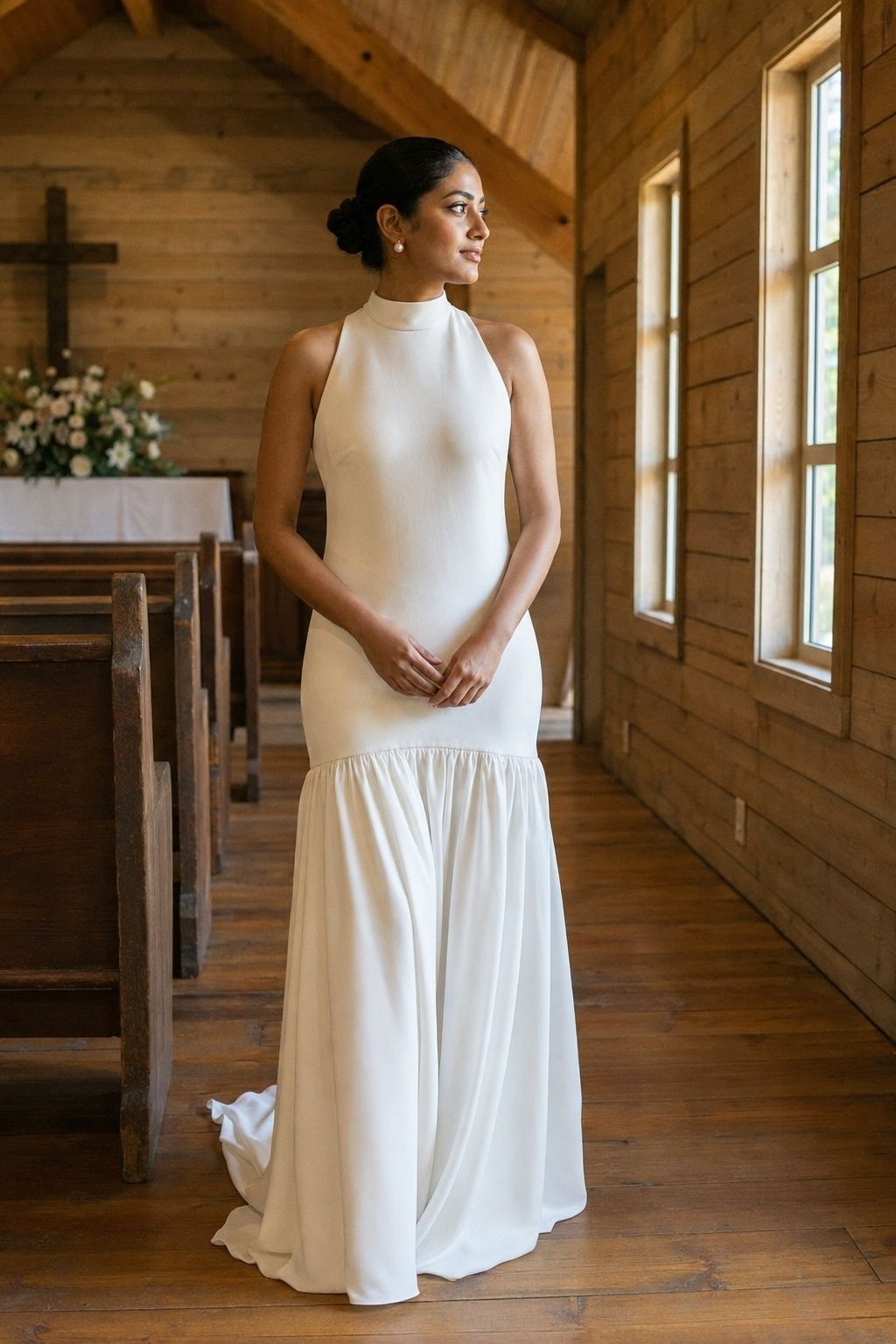 High neck drop waist wedding gown in a wooden chapel