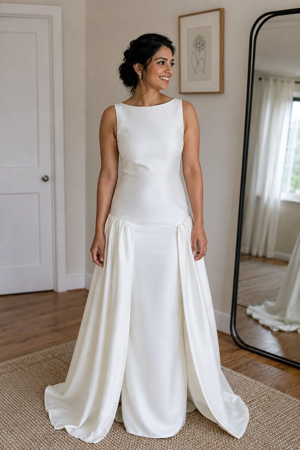 Open detachable overskirt attached at the dropped waist of a slim gown