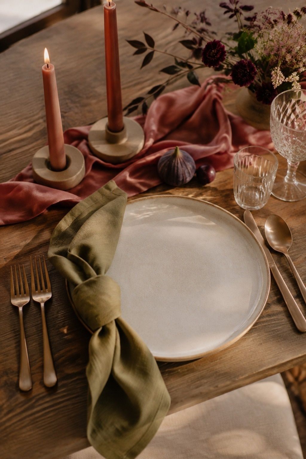 Warm accents balancing cool olive tones