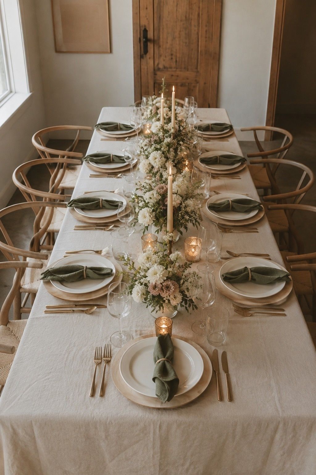 Grounded, bright wedding table in dusty olive