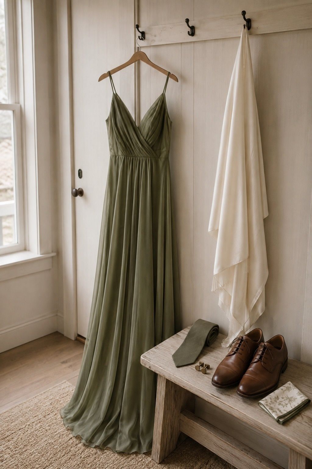 Wedding attire in soft dusty olive