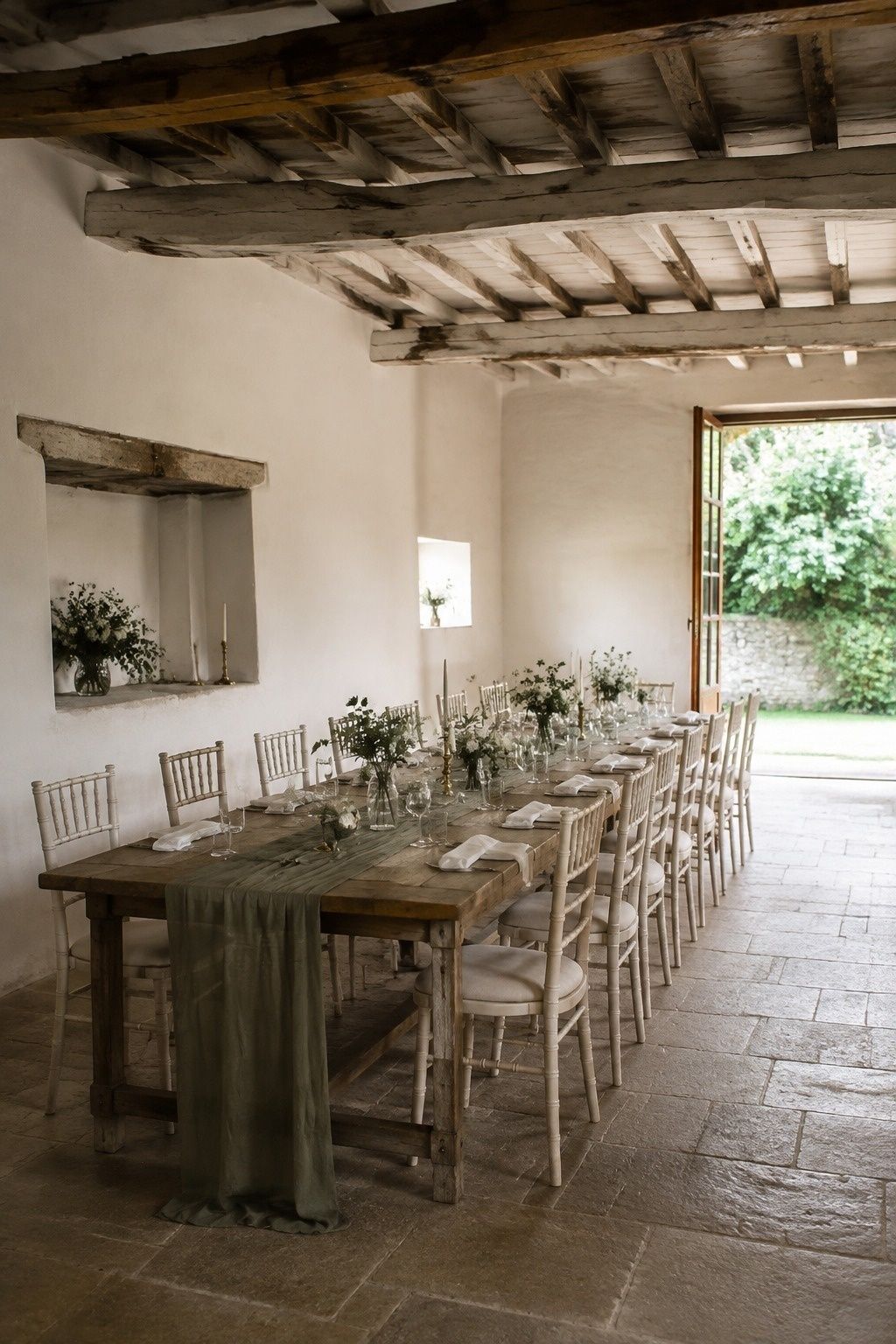 Dusty olive palette matched to the venue