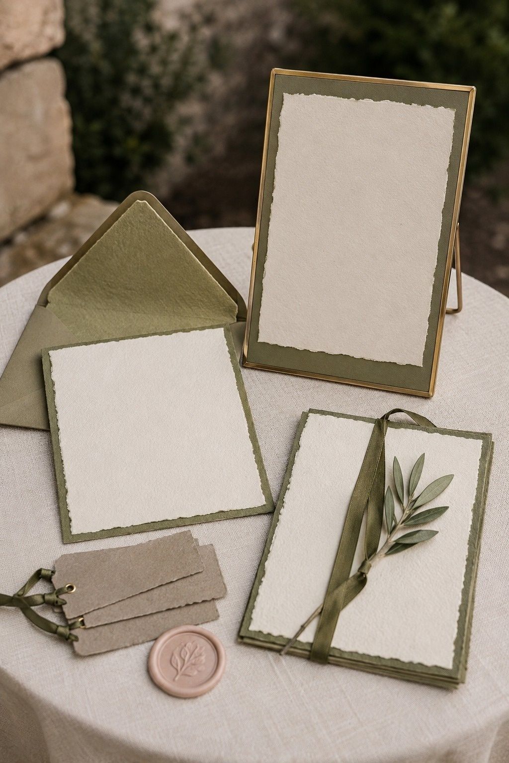 Wedding stationery and signage in a dusty olive palette