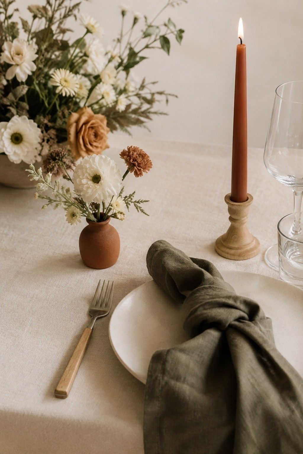 Dusty olive decor with terracotta accents