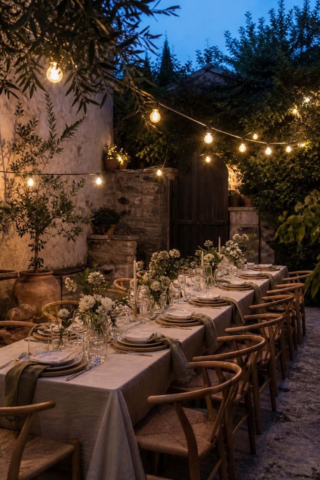 Olive-toned courtyard supper