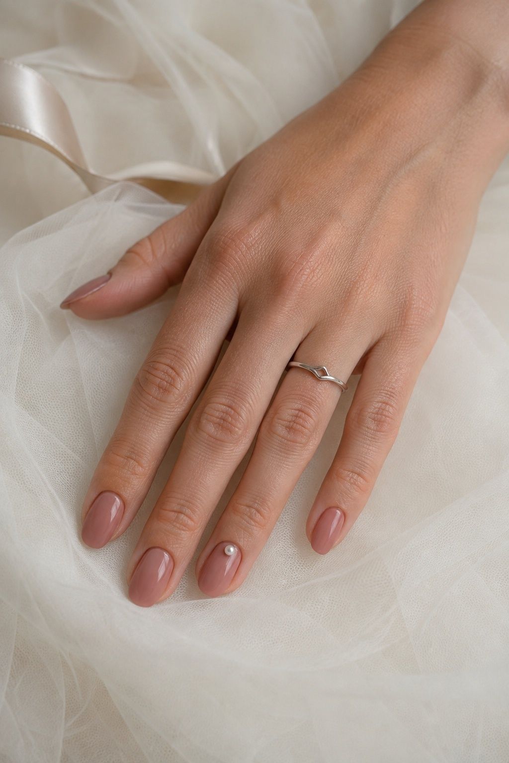 Dusty rose nails with pearl accents