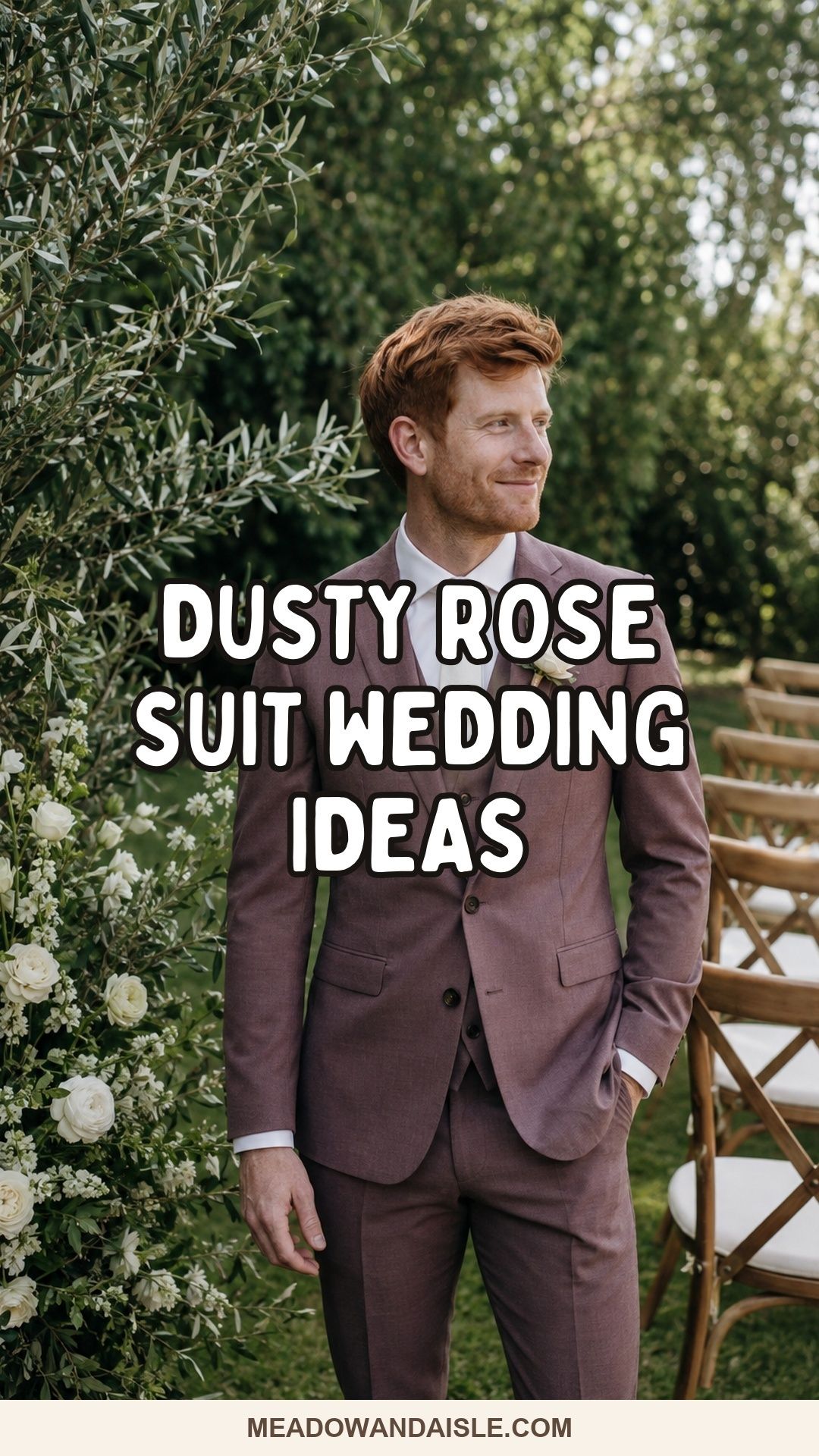 Groom in a dusty rose suit posing for a garden portrait