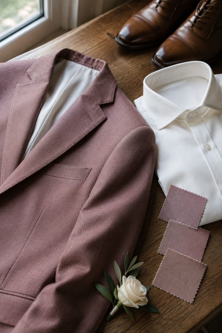 Muted rose suit fabric with tonal swatches, an ivory shirt and brown leather shoes.