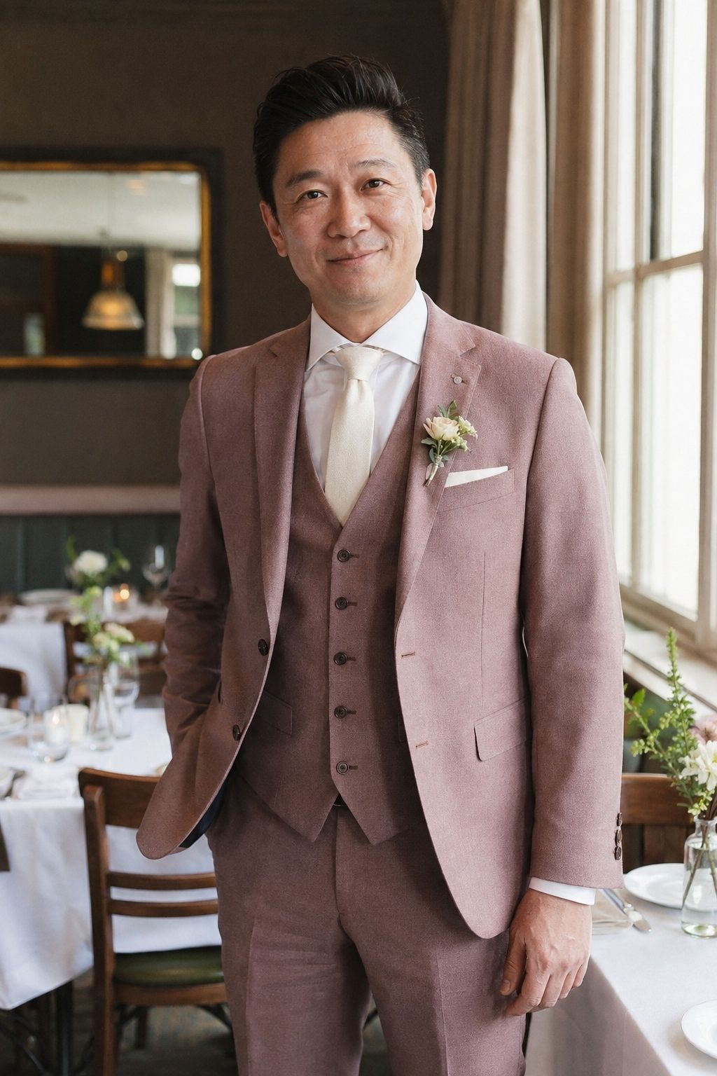 Groom in a dusty rose three-piece suit with a matching waistcoat and ivory tie.