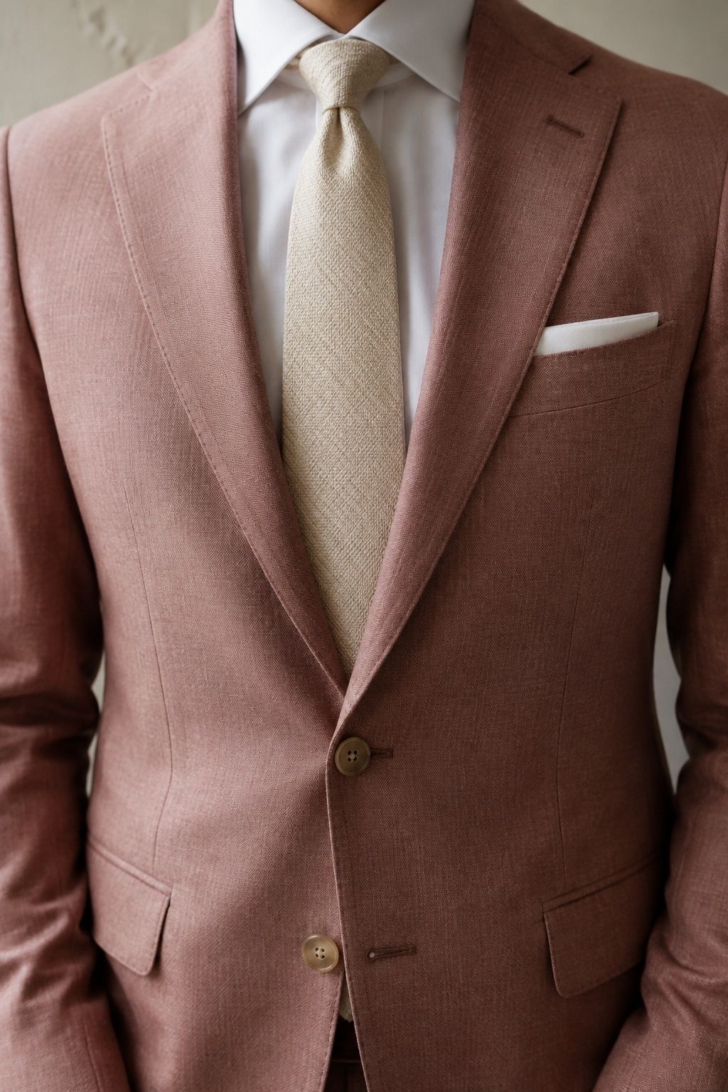 Textured champagne tie and white pocket square against a muted rose jacket.